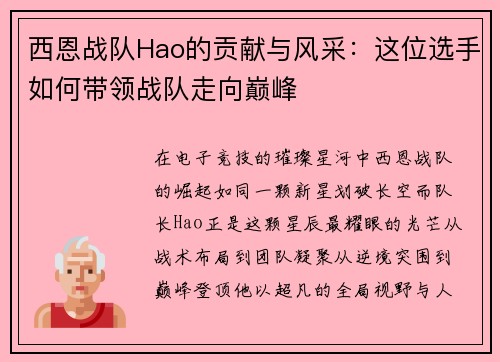 西恩战队Hao的贡献与风采：这位选手如何带领战队走向巅峰